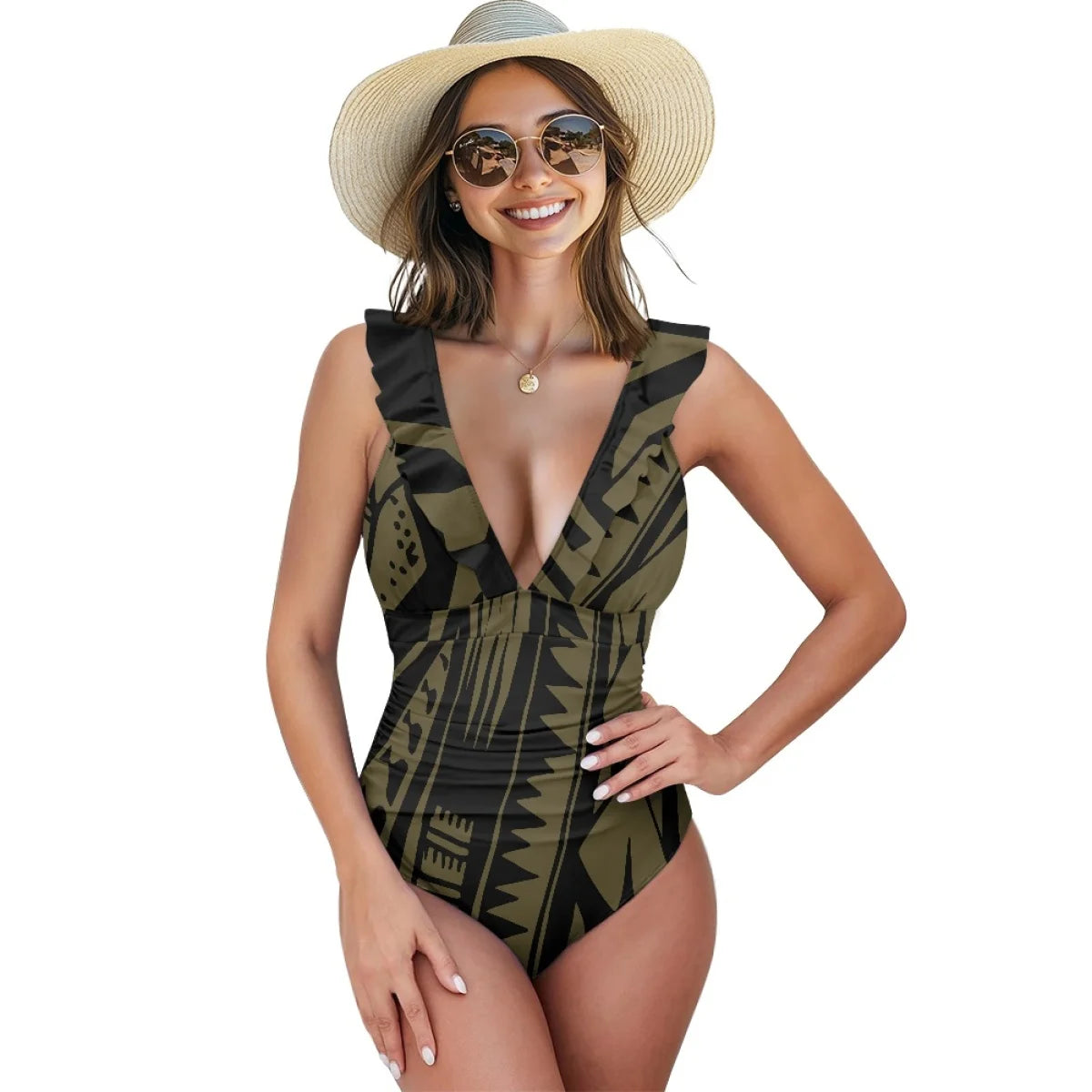 2025 Summer Women Sexy Swimwear Custom Polynesian Tribal Samoan Hibiscus Flower Print Double Ruffles Ladies One-Piece Swimsuit