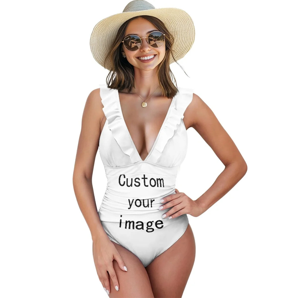 2025 Summer Women Sexy Swimwear Custom Polynesian Tribal Samoan Hibiscus Flower Print Double Ruffles Ladies One-Piece Swimsuit