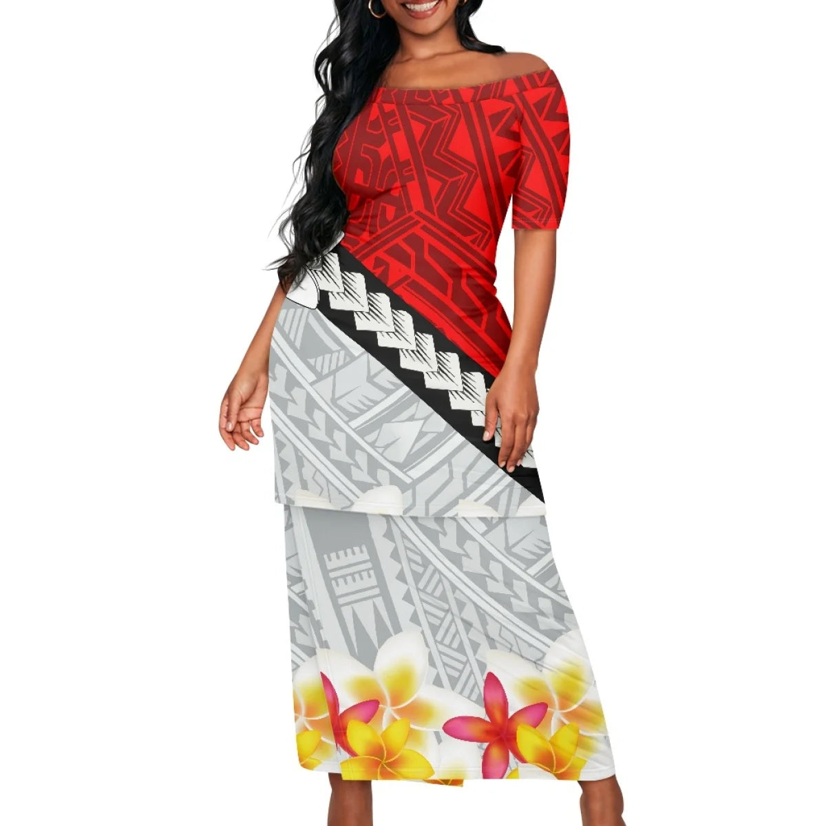2025 hot selling style Hawaii new Tropical Polynesian Plumeria Wrap Dress fashion printing on demand ladies island two piece set