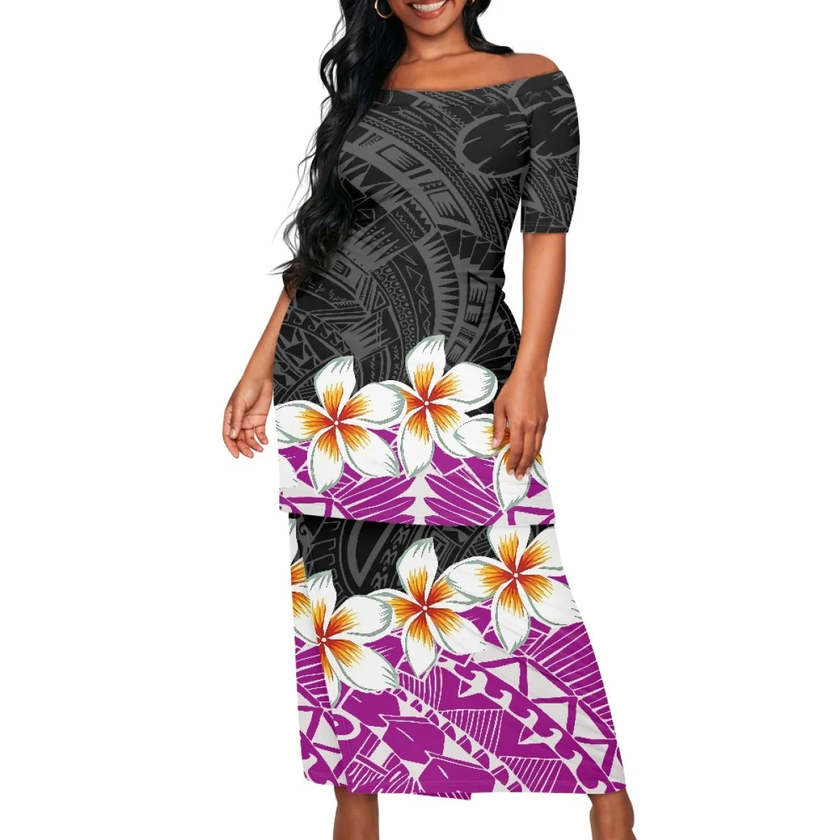 2025 hot selling style Hawaii new Tropical Polynesian Plumeria Wrap Dress fashion printing on demand ladies island two piece set