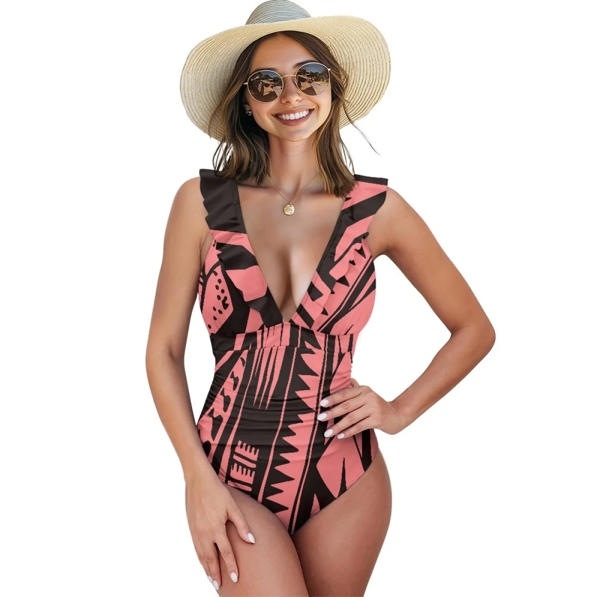 2025 Summer Women Sexy Swimwear Custom Polynesian Tribal Samoan Hibiscus Flower Print Double Ruffles Ladies One-Piece Swimsuit