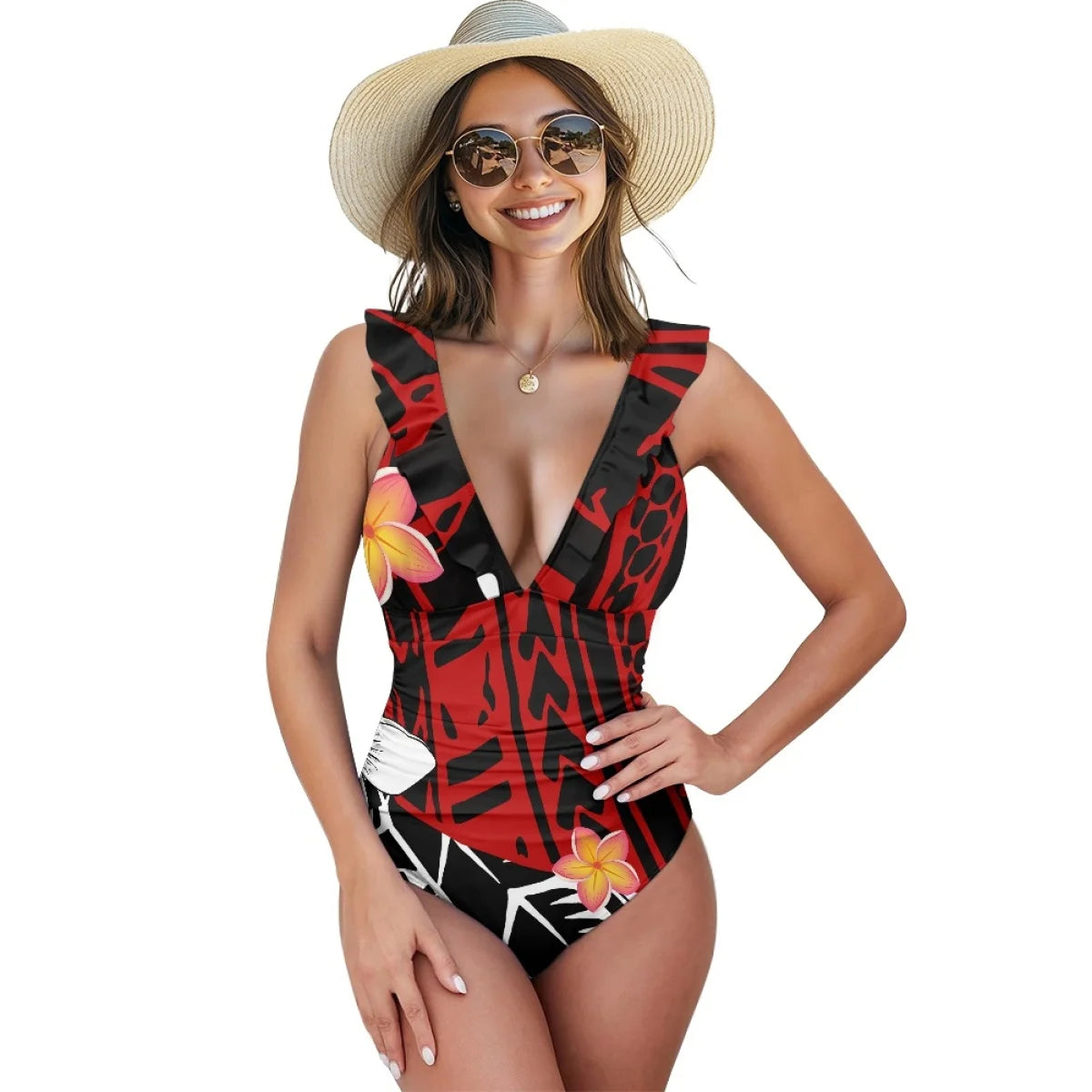 2025 Summer Women Sexy Swimwear Custom Polynesian Tribal Samoan Hibiscus Flower Print Double Ruffles Ladies One-Piece Swimsuit