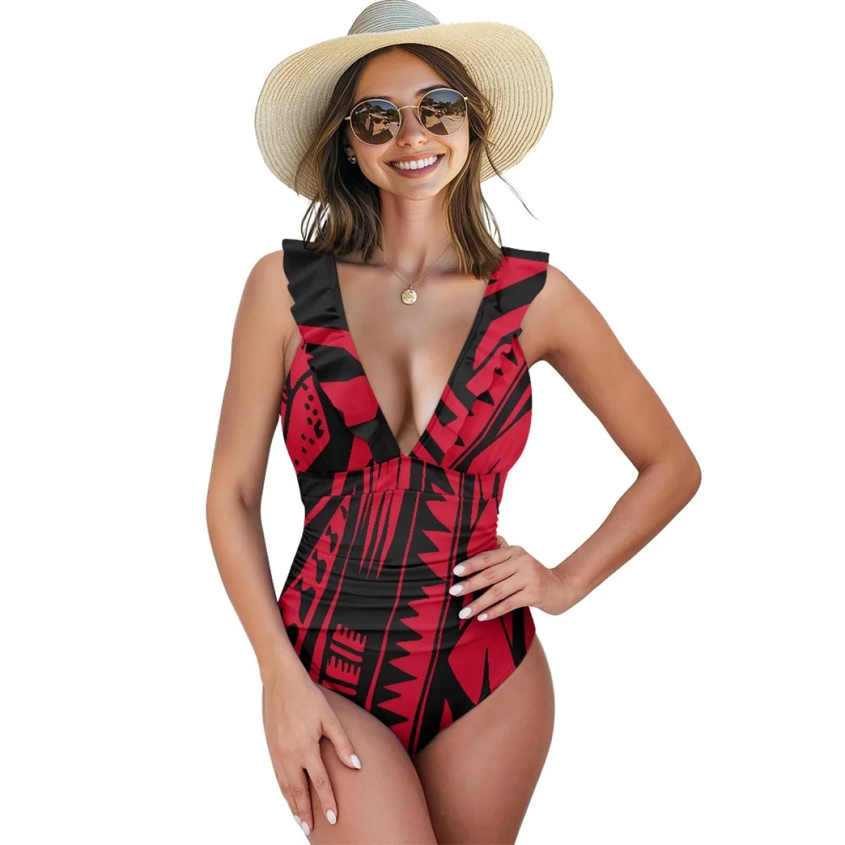 2025 Summer Women Sexy Swimwear Custom Polynesian Tribal Samoan Hibiscus Flower Print Double Ruffles Ladies One-Piece Swimsuit