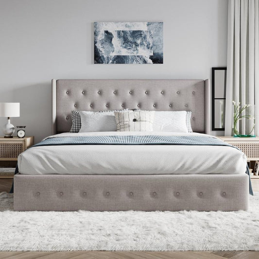 【Deals for You】Sha CERLIN Lift up Storage Bed/Button Tufted Wingback Headboard/Hydraulic Storage/Upholstered Platform Bed Frame/No Box Spring Needed/Wood Slats Support#Fathersdaygift