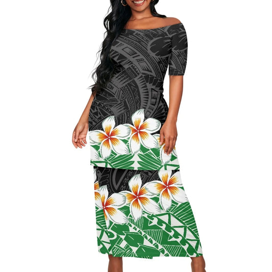 2025 hot selling style Hawaii new Tropical Polynesian Plumeria Wrap Dress fashion printing on demand ladies island two piece set