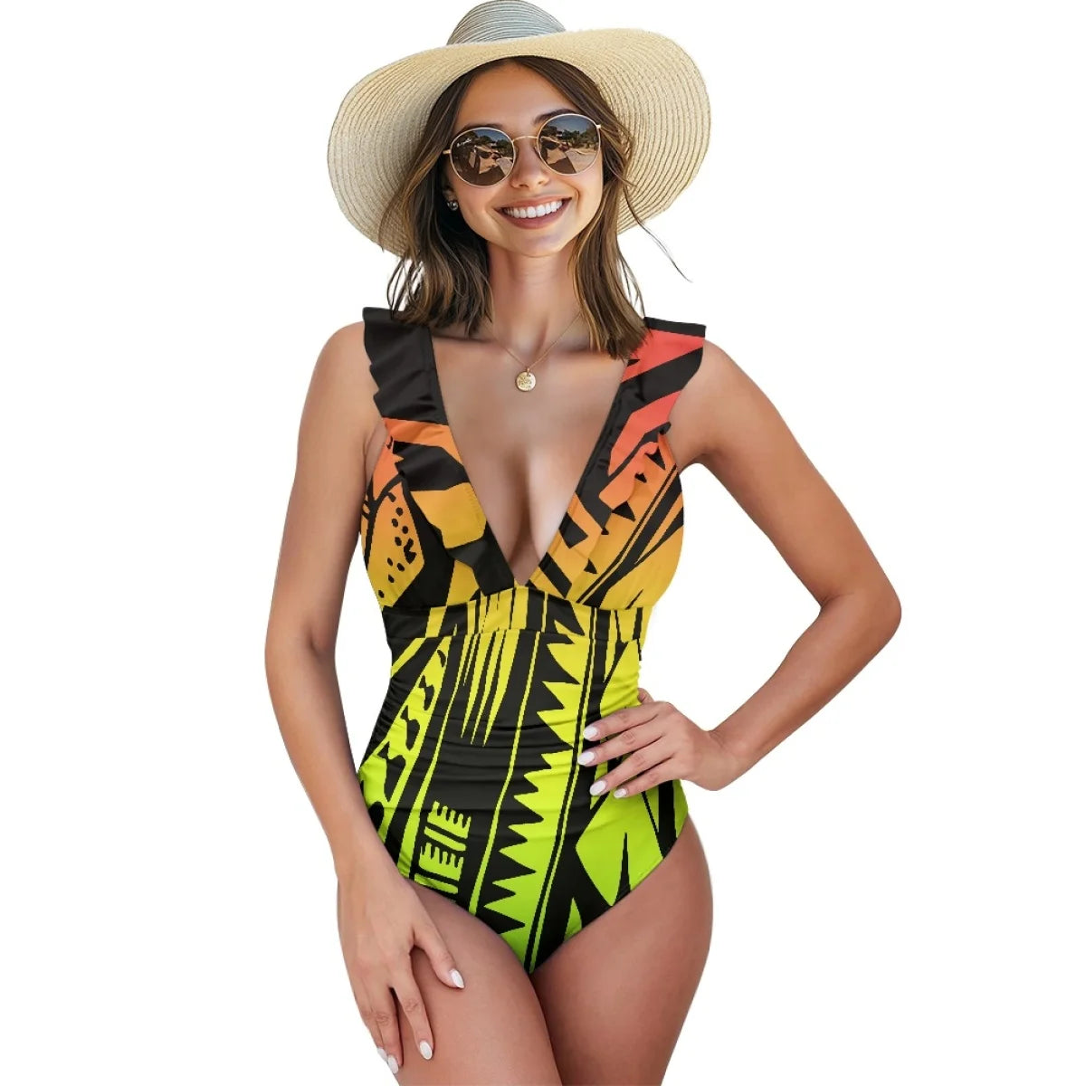 2025 Summer Women Sexy Swimwear Custom Polynesian Tribal Samoan Hibiscus Flower Print Double Ruffles Ladies One-Piece Swimsuit