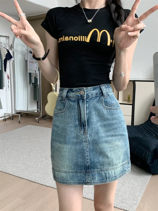 Y2K 2025 Summer Women's Jeans Skirt - Light Blue High Waist Denim Bodycon Mini Skirt with Lining Clubwear