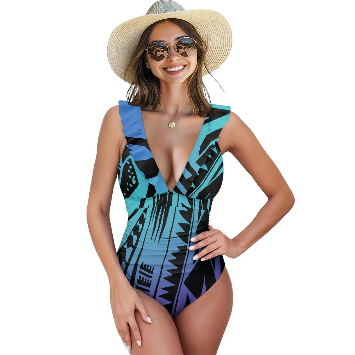 2025 Summer Women Sexy Swimwear Custom Polynesian Tribal Samoan Hibiscus Flower Print Double Ruffles Ladies One-Piece Swimsuit