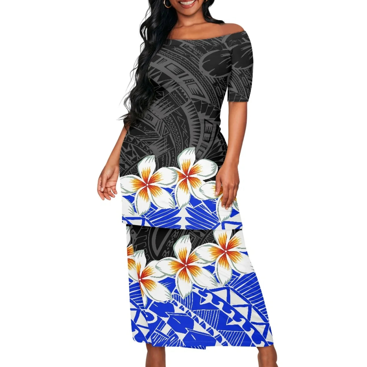 2025 hot selling style Hawaii new Tropical Polynesian Plumeria Wrap Dress fashion printing on demand ladies island two piece set