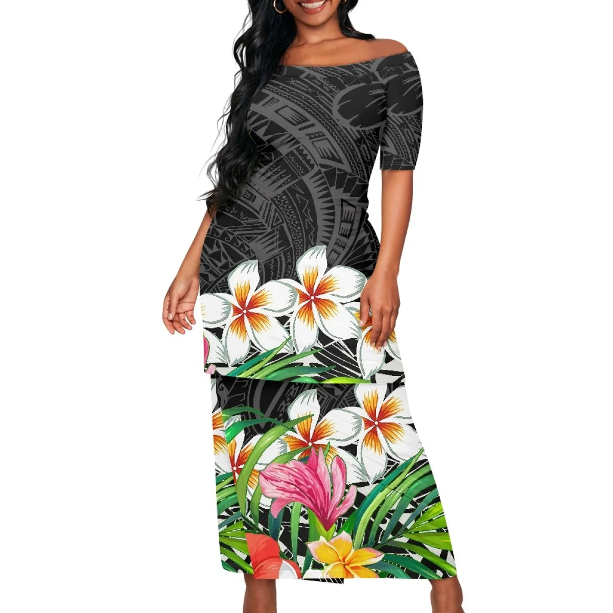 2025 hot selling style Hawaii new Tropical Polynesian Plumeria Wrap Dress fashion printing on demand ladies island two piece set