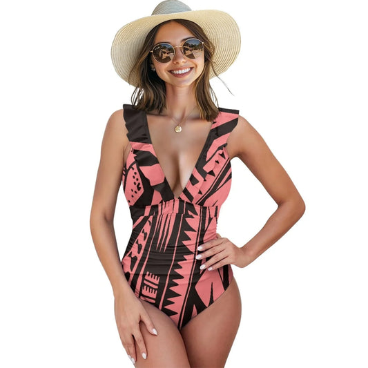 2025 Summer Women Sexy Swimwear Custom Polynesian Tribal Samoan Hibiscus Flower Print Double Ruffles Ladies One-Piece Swimsuit