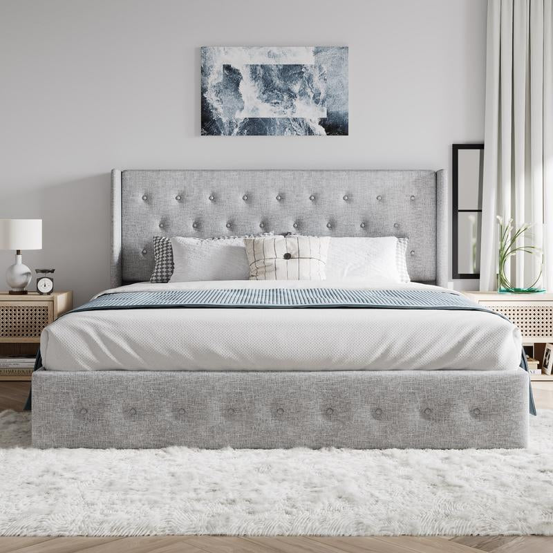 【Deals for You】Sha CERLIN Lift up Storage Bed/Button Tufted Wingback Headboard/Hydraulic Storage/Upholstered Platform Bed Frame/No Box Spring Needed/Wood Slats Support#Fathersdaygift
