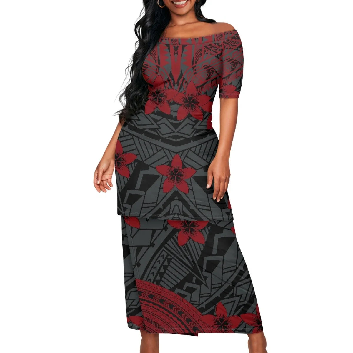 2025 hot selling style Hawaii new Tropical Polynesian Plumeria Wrap Dress fashion printing on demand ladies island two piece set