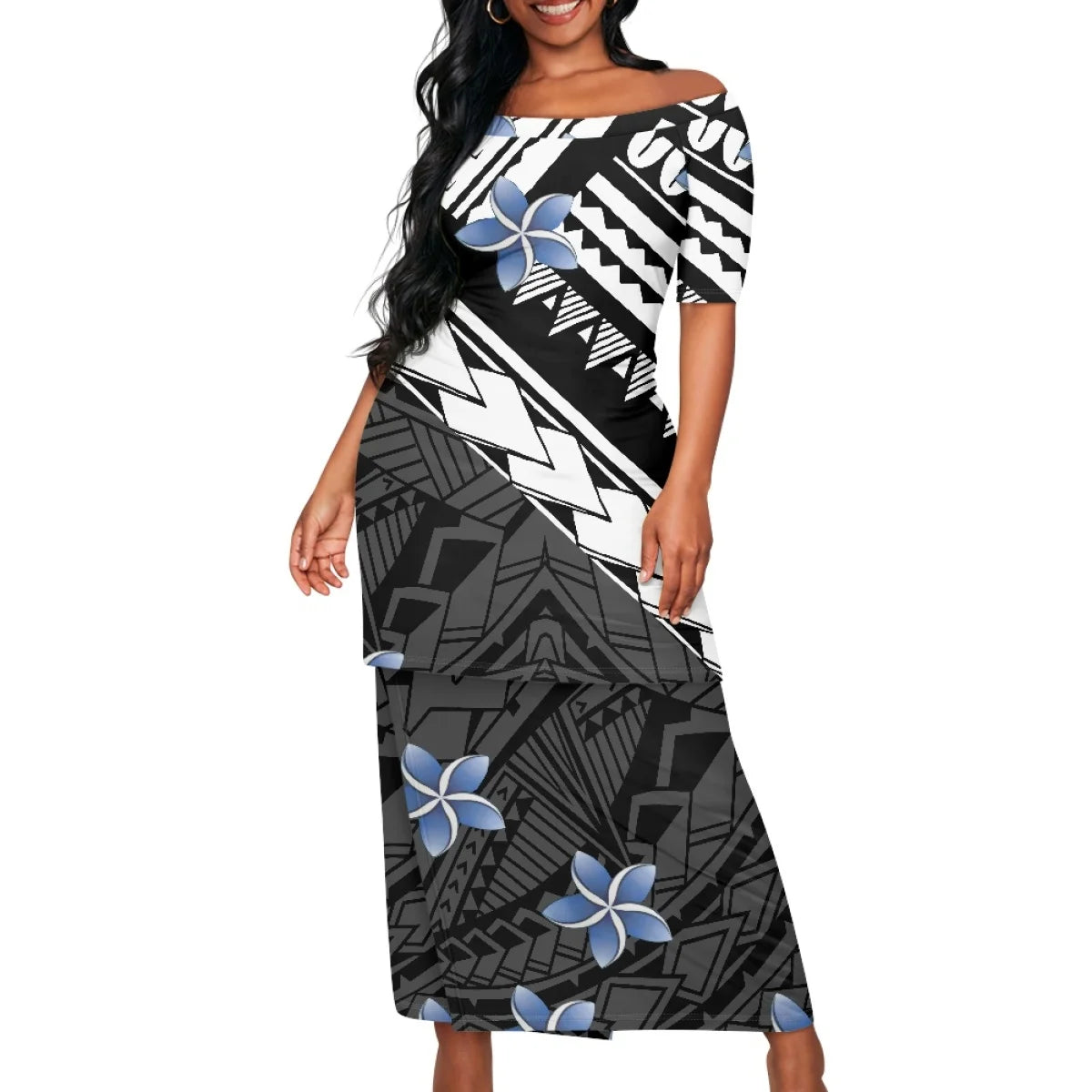 2025 hot selling style Hawaii new Tropical Polynesian Plumeria Wrap Dress fashion printing on demand ladies island two piece set