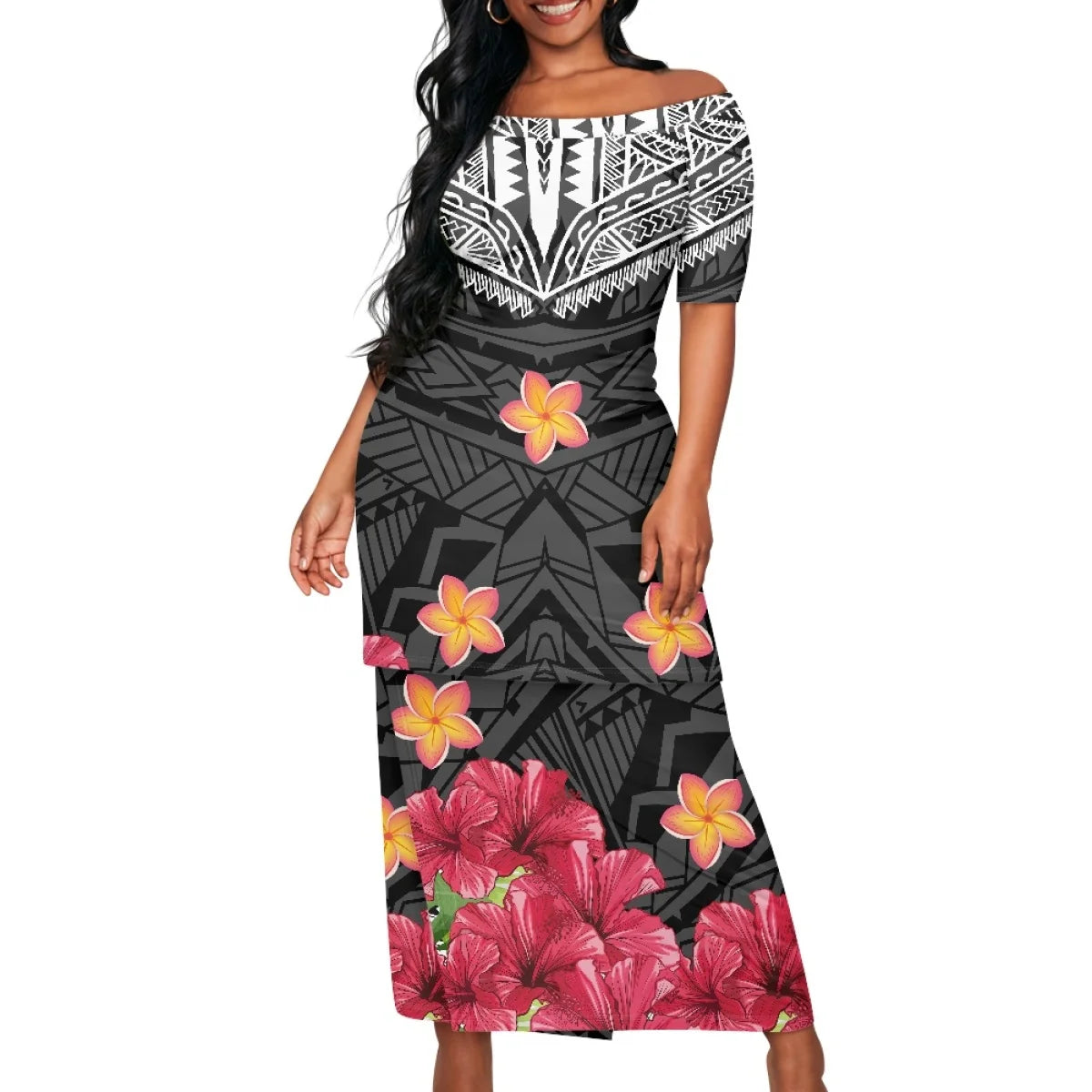 2025 hot selling style Hawaii new Tropical Polynesian Plumeria Wrap Dress fashion printing on demand ladies island two piece set